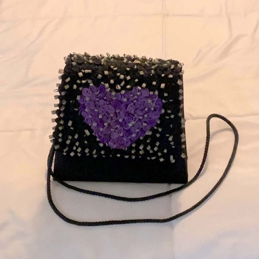 Julie Feldman Evening Bag- Black w/Purple Ribbon Flowers- Gently Used